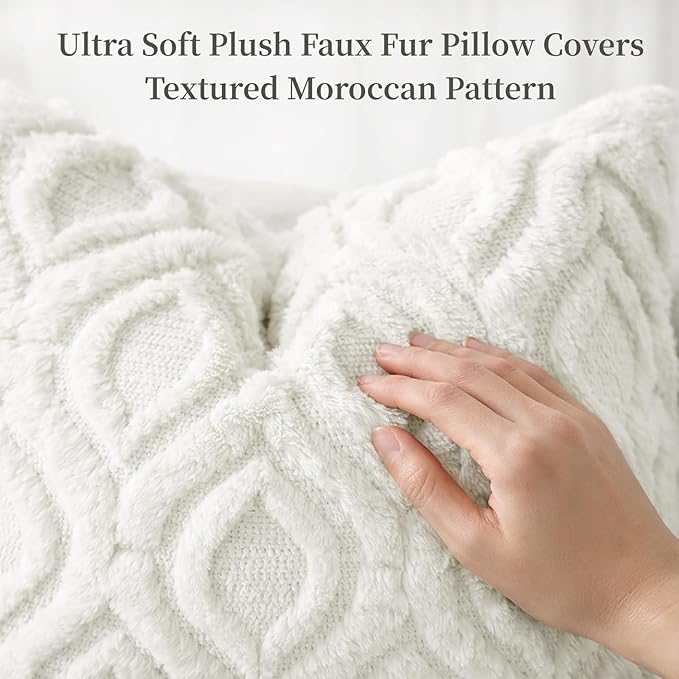 decorUhome Throw Pillow Covers 20x20 Inch Set of 2, Soft Plush Faux Wool Cream White Solid Couch Pillow Covers, Accent Farmhouse Neutral Square Pillow Cases for Sofa Bed Living Room