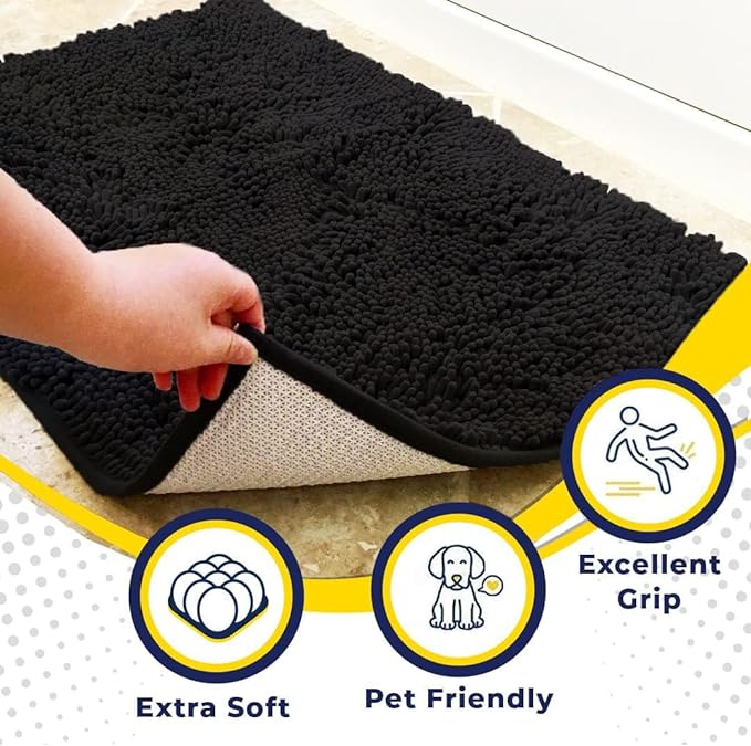 Muddy Mat® | Super Absorbent Door Mat Indoor, Microfiber Quick Dry Chenille Entryway Rug, Non-Slip Front Door Mat, Indoor Mats for Entryway, Machine Washable Pet Rug, Black 36"x60"