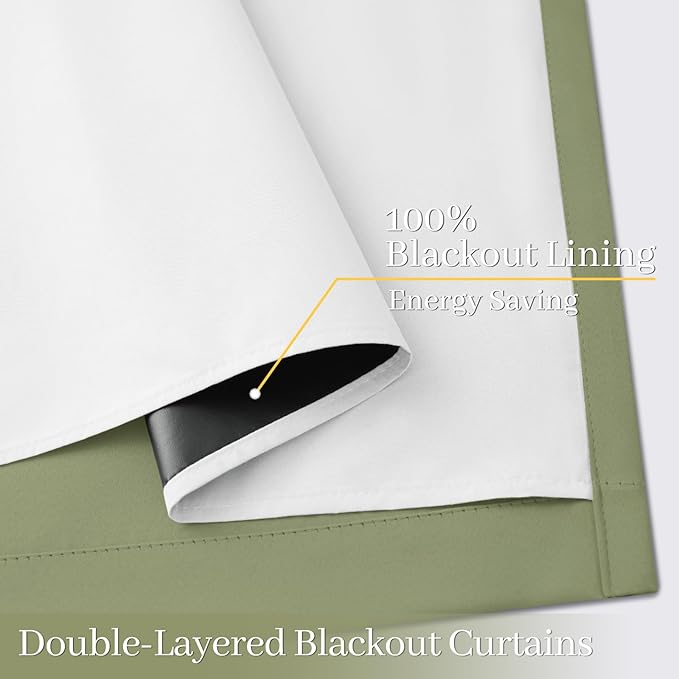 Yakamok 100% Blackout Curtain Panels 63 inches Cold and Light Blocking Drapes for Nursery, 2 Thick Layers Thermal Insulated Draperies (2 Pieces, 40 Wide Each Panel, Sage Front with White Backing)