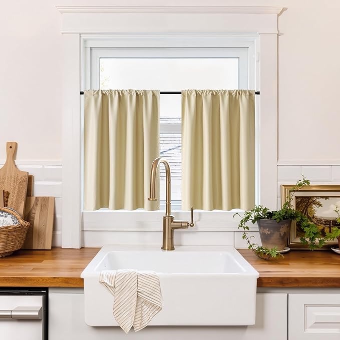 RYB HOME 100% Blackout Bathroom Curtains Over Sink 24 inches Long, Heat & UV Blocking Total Room Darkening Noise Reducing Curtains for Basement RV Campers, Biscotti Beige, 2 Panels Set