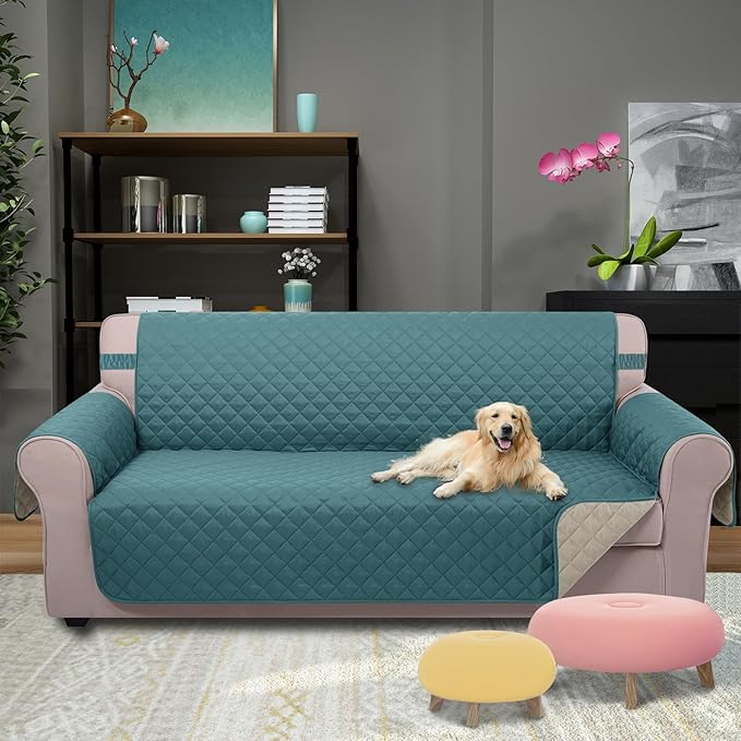 U-NICE HOME 4 Seater Sofa Cover 91 Inch Large Couch Covers for 4 Cushion Couch with Elastic Straps Water Resistant Furniture Protector Cover for Pets Cat (Sofa XX-Large, Blue/Beige)