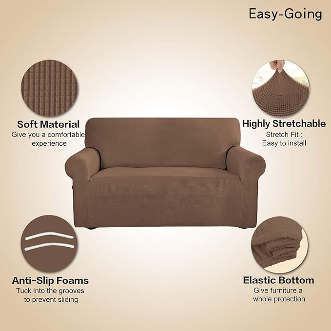 Easy-Going Stretch Oversized Sofa Slipcover 1-Piece Sofa Cover Furniture Protector Couch Soft with Elastic Bottom for Kids, Polyester Spandex Jacquard Fabric Small Checks Brown