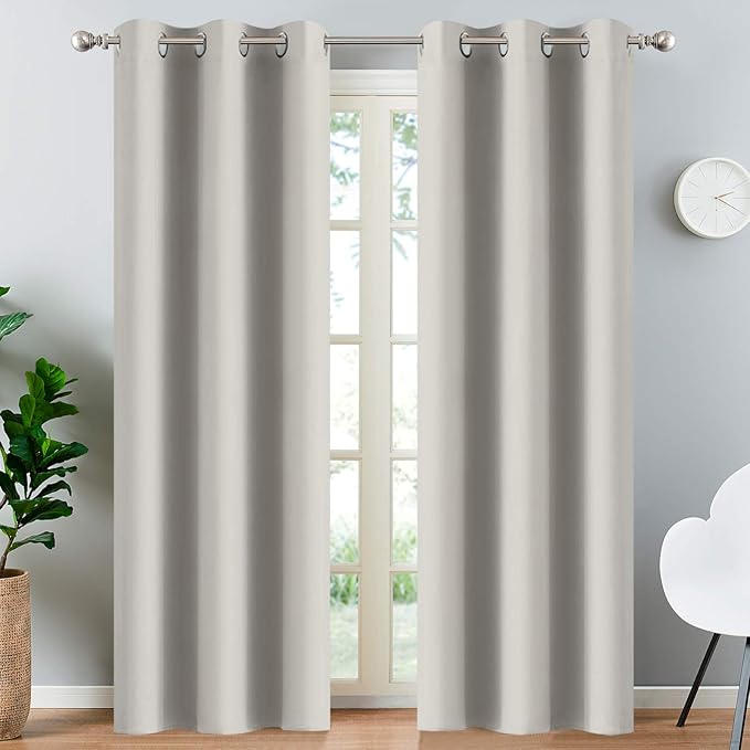 Yakamok 84 Inch Long Light Blocking Window Curtains Thermal Insulated Room Darkening Drapes for Bedroom,Solid Grommet Top Window Panels, 38x84 Inch, Light Beige, One Pair