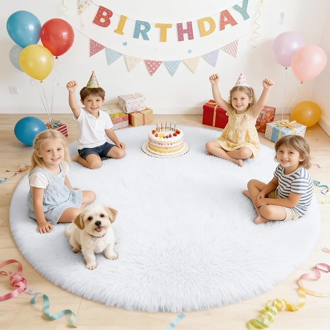OLANLY White Round Rugs for Bedroom - Machine Washable, 6 ft Circle Area Rugs for Living Room, Soft and Fluffy Shaggy Carpet for Teen Girls and Boys, Nursery Rooms, Dorms, Home Decor Aesthetic