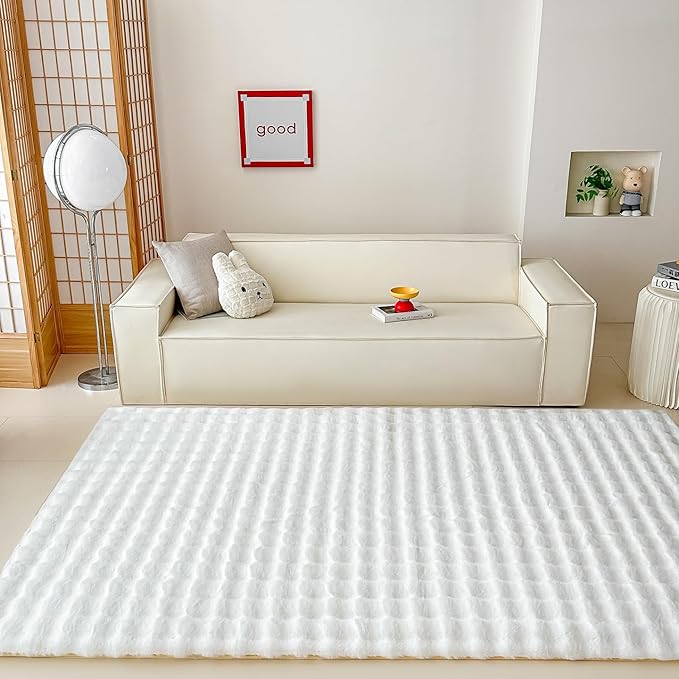 White Rabbit Plush Rug 5'x8', Fluffy Faux Fur Shaggy Area Rug for Nursery, Kids Room Decor, Soft Fuzzy Carpet for Living Room, Bedroom, Teen Girls Room