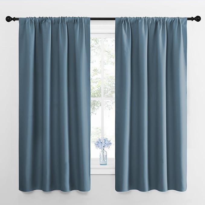 NICETOWN Window Curtains for Bedroom, Smoky Blue, 2 Panels, W42 x L48 -Inch, Home Decoration Thermal Insulated Rod Pocket Blackout Blinds & Drapes for Small Windows