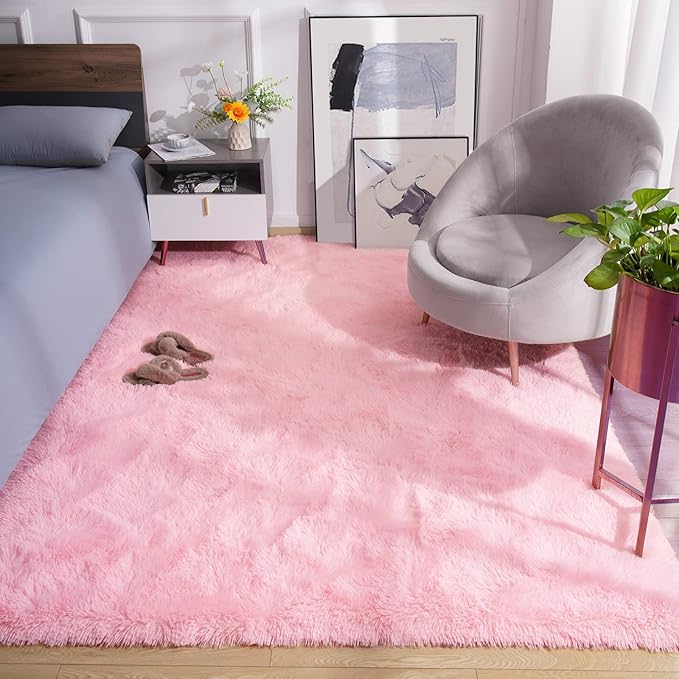 Amearea Premium Soft Area Rug 4x5.3 Feet, Pink Rugs for Living Room, Fluffy Carpet for Bedroom Nursery Playroom Teen Home Decor, Comfortable Indoor Furry Dorm Carpets, Pink