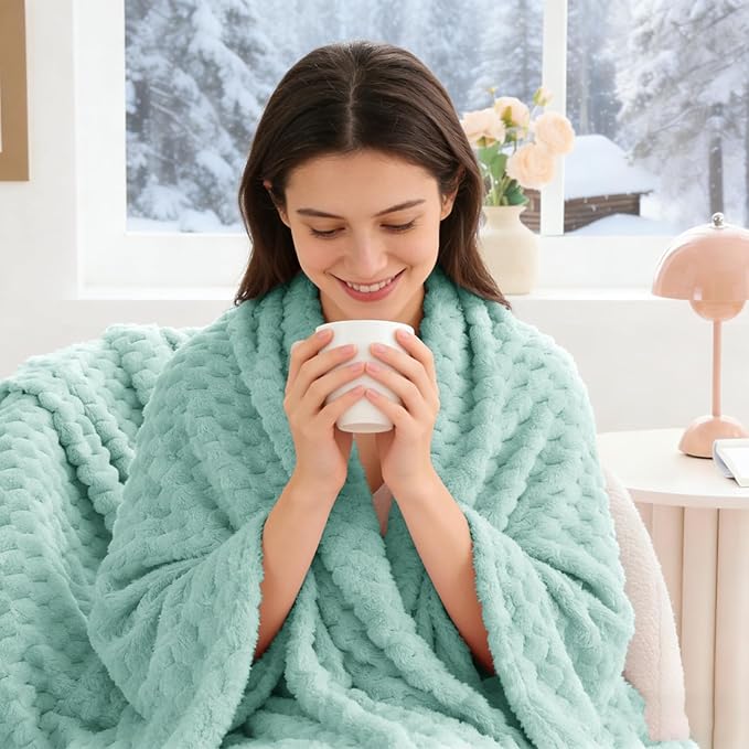 BEDELITE Fleece Throw - Twin Blanket for Bed Couch, 3D Jacquard Decorative Haze Blue, Soft Cozy Warm Plush Fuzzy Blanket for All Seasons, 60x80Inches