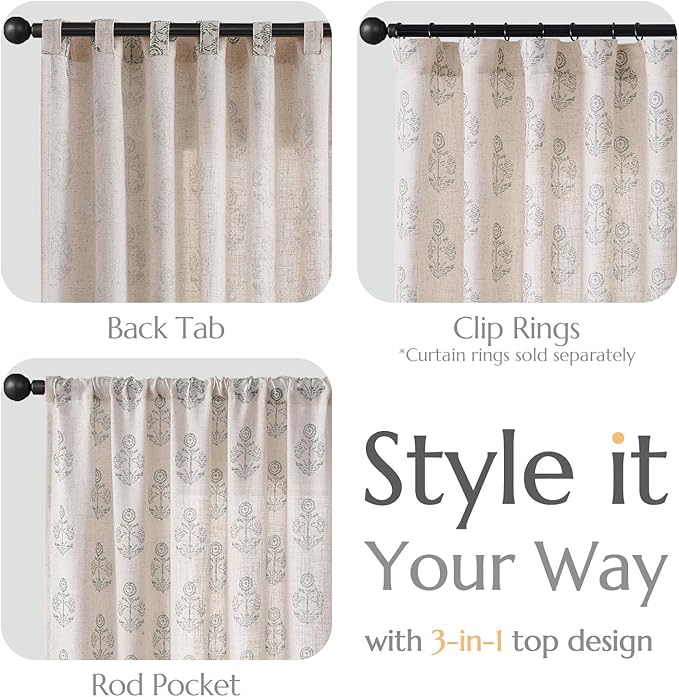 jinchan Linen Floral Curtains for Living Room 96 Inch Length Gray Flower Cottage Core Farmhouse Curtains Rod Pocket Back Tab Boho Semi Sheer Window Drapes Bedroom Set 2 Panels Grey on Beige
