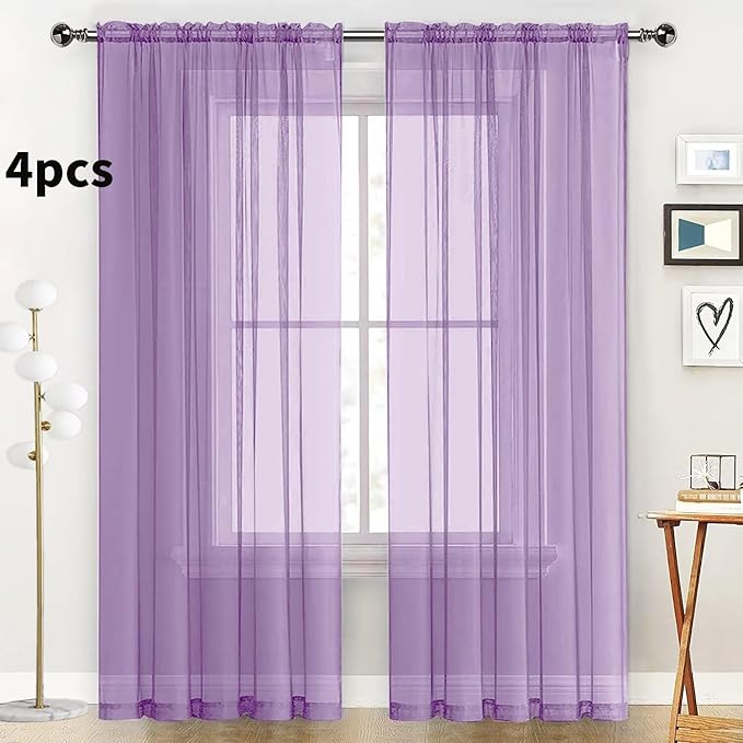 SpaceDresser Lavender Sheer Curtains 4 Panels Rod Pocket Semi-Sheer Curtain 45 Inches Long Light Filtering Voile Window Drapes for Bedroom Living Room Kitchen, Each 52W x 45L