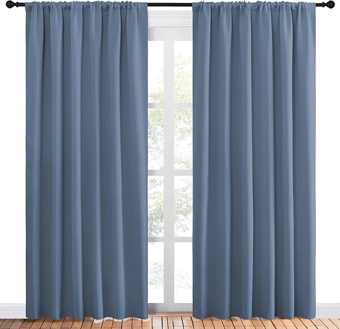 NICETOWN Living Room Curtains, Blackout Curtain Panels, Window Treatment Energy Saving Thermal Insulated Solid Rod Pocket Blackout Drapes/Draperies (Stone Blue, 1 Pair, 70 by 84-inch)