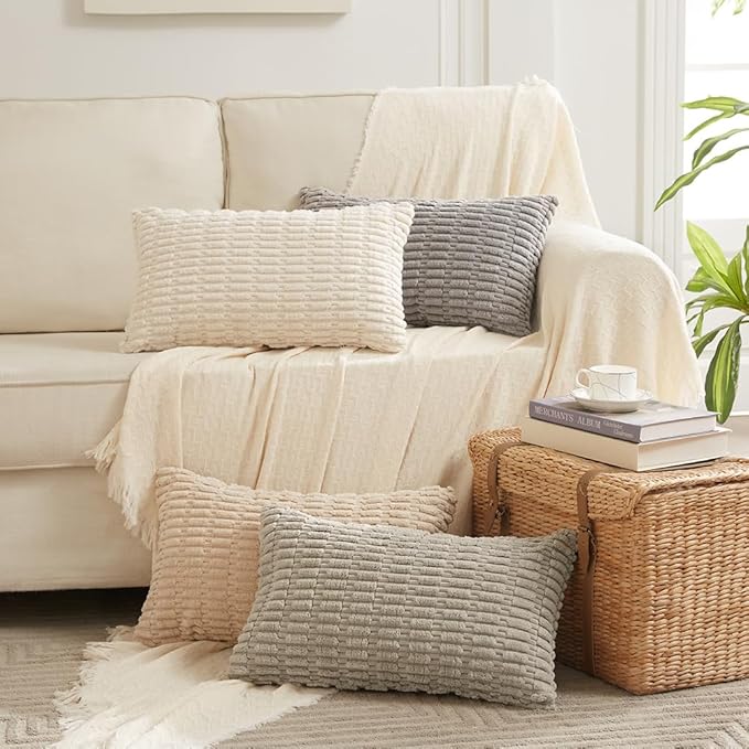 Fancy Homi 4 Packs Boho Cream Decorative Throw Pillow Covers 12x20 Inch for Living Room Couch Bed Sofa, Rustic Modern Farmhouse Home Decor, Soft Plush Corduroy Beige Cute Square Cushion Case 30x50 cm