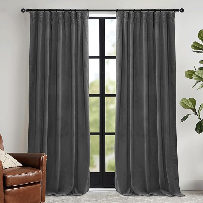RYB HOME Grey Velvet Curtains 102 inches with Hook Belt, Soft Fabric Room Darkening Thermal Insulated Luxurious Home Decor Curtains for Living Room Bedroom, W 52" x L 102", 2 Panels Set