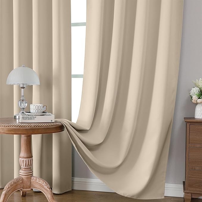 CUCRAF Light Beige Blackout Curtains 63 inch Length 2 Panels Set, Rod Pocket Room Darkening Drapes for Bedroom Living Room, Insulated Thermal Light Blocking Window Curtain (W52 x L63 Inch)