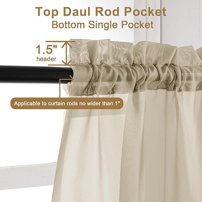 Chyhomenyc Taupe Sheer Curtains 108 Inches Long - Light Filtering Voile Extra Long Panel Drapes for Floor to Ceiling Window, Elegant Soft Living Room Curtains, Each 42Wx108L Inch, 9FT, 2 Panels