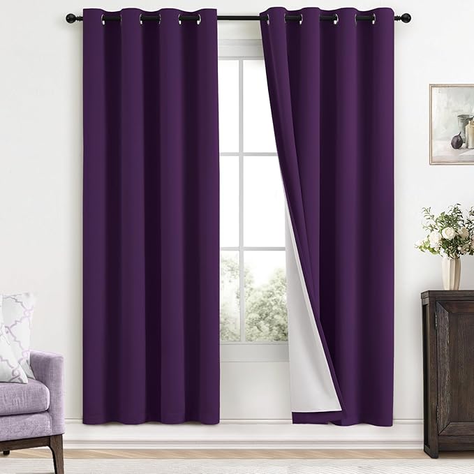 Yakamok Room Darkening 100% Blackout Curtains Grommet Window Treatments with 2 Thick Layers-Purple Thermal Insulated Drapes Set of 2 Panels for Bedroom Living Room 52 Inches by 63 Inches Length