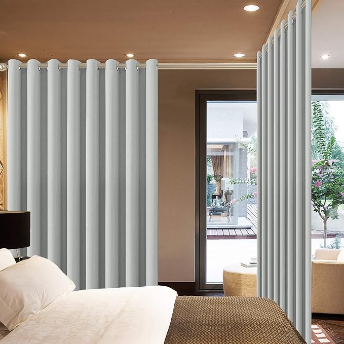 Yakamok Thermal Patio Door Curtains - Grey Blackout Room Darkening Door Blinds for Sliding Glass with Grommet Top, Split Room Divider Curtains (Light Grey, 100 inches W x 84 inches L)