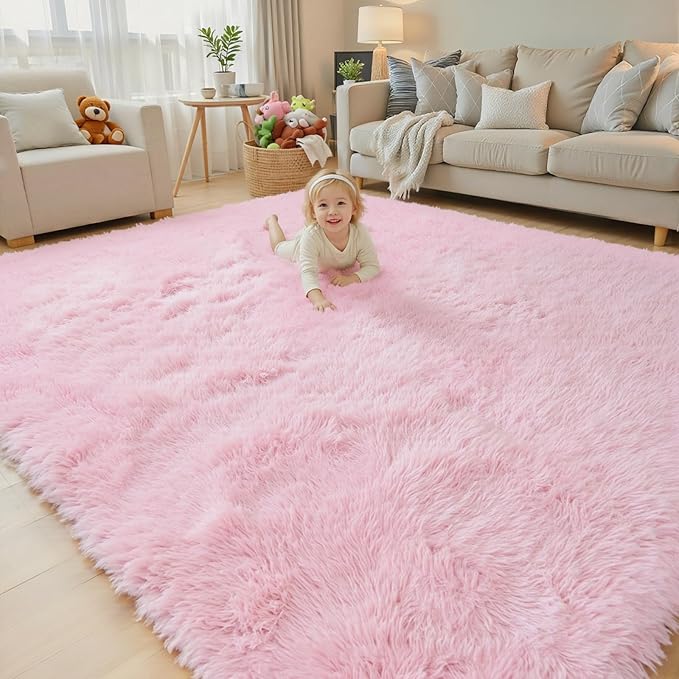 Area Rugs 9x12 Living Room, Pink Large Area Rug Shag Shaggy Carpet Soft Plush Furry Bedside Rug, Machine Washable Area Rugs for Bedroom Kids Girls Boys Home Decor Anti Slip(9 x 12, Pink)