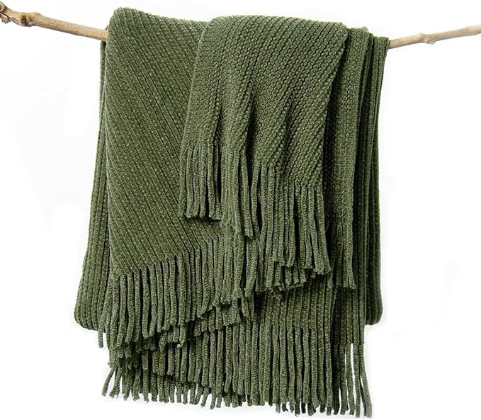 lifein Throw Blanket for Couch, Soft Green Boho Decor Bed Throw,Cozy Knitted Chenille Farmhouse Lightweight Throw(Olive Green,50 * 60")