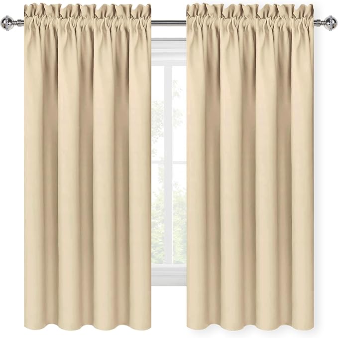 DWCN Blackout Curtains for Living Room Thermal Insulated, Energy Saving & Noise Reducing Bedroom Curtains, Beige, W 70x L 63 Inch, Set of 2 Rod Pocket Curtain Panels