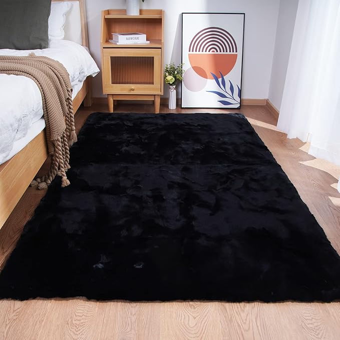 Ghouse Ultra Soft Faux Rabbit Fur Rug 4x6, Machine Washable Area Rugs for Bedroom Fluffy Rugs for Living Room, No-Shedding Carpet Sheepskin Rug Black