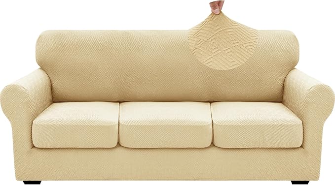 XINEAGE 2026 New 4 Pieces Couch Covers for 3 Cushion Couch Super Stretch Thick Soft Sofa Cover Anti Slip Sofa Slipcover Dogs Cats Furniture Protector (Beige, 71"-91")