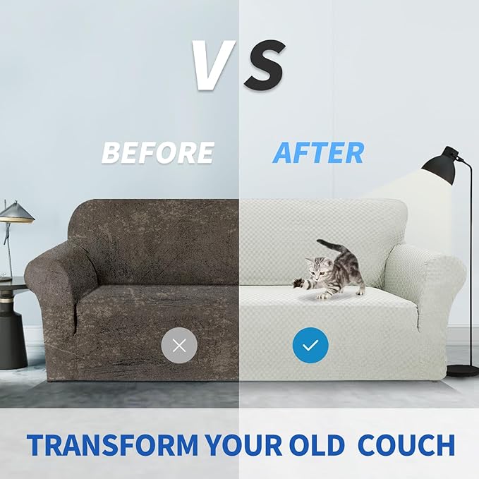 ZNSAYOTX 1 Piece Jacquard Couch Covers for 2 Cushion Couch High Stretch Loveseat Slipcover for Pets Dogs Anti Slip Love Seat Sofa Slipcover Furniture Protector (Medium, Ivory)