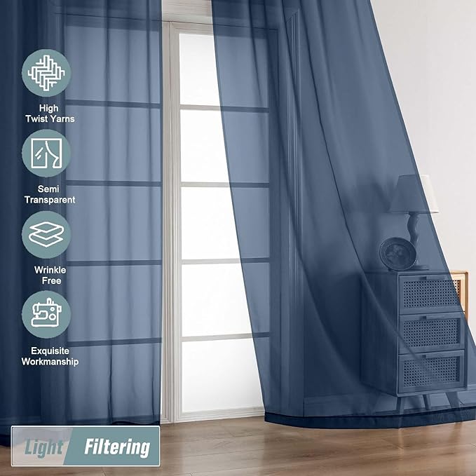 Navy Blue Sheer Curtains 63 Inch Length 2 Panels, Voile Sheer Curtain for Living Room, Breathable Light Filtering Modern Window Treatments, Soft Fabric Dual Rod Pocket Drapes, 2x42Wx63L Inches