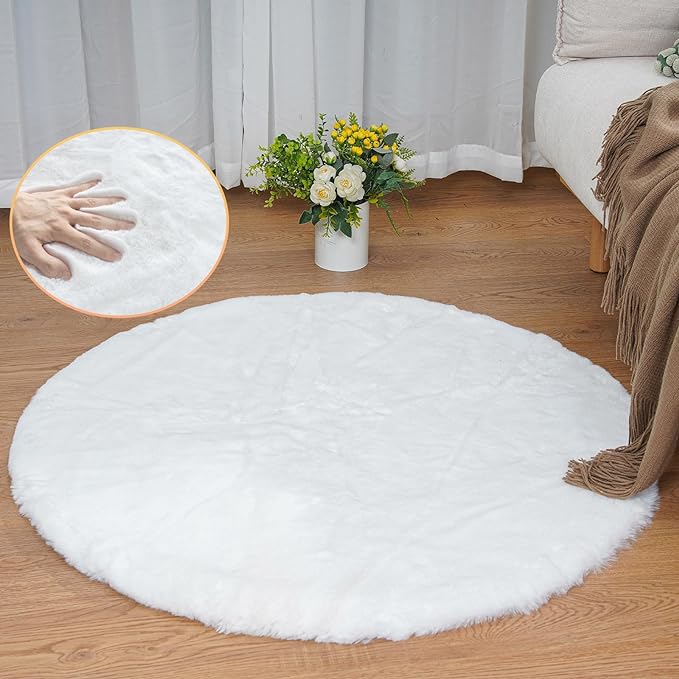 ORINOVA White Faux Rabbit Washable Fur Area Rugs Circle Rugs for Living Room Bedroom Teen Room Fluffy Area Rug 3ft Round Rug
