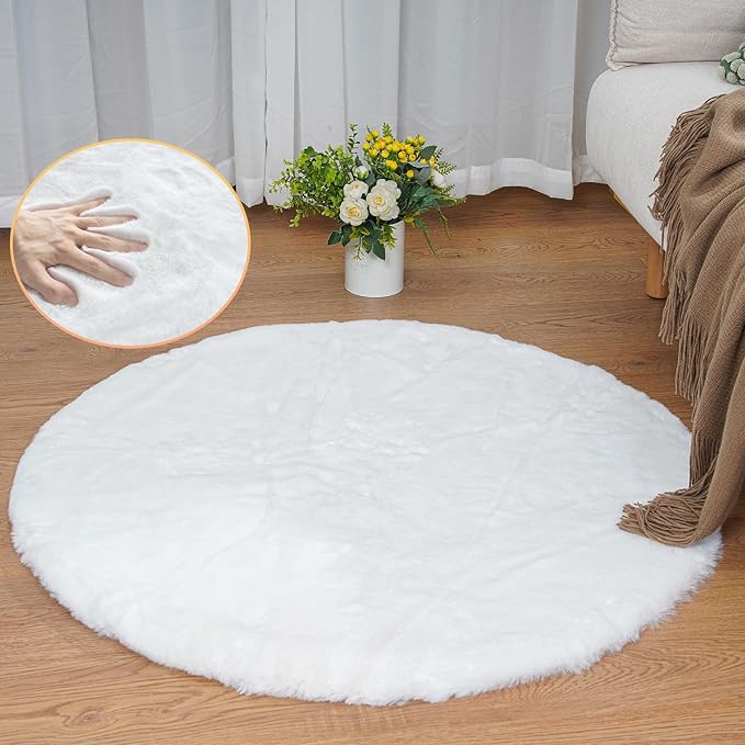 ORINOVA White Faux Fur Round Rug 4ft Fluffy Rabbit Fur Rug Machine Washable Circle Area Rugs for Living Room Bedroom Home Teen Room Nursery Décor