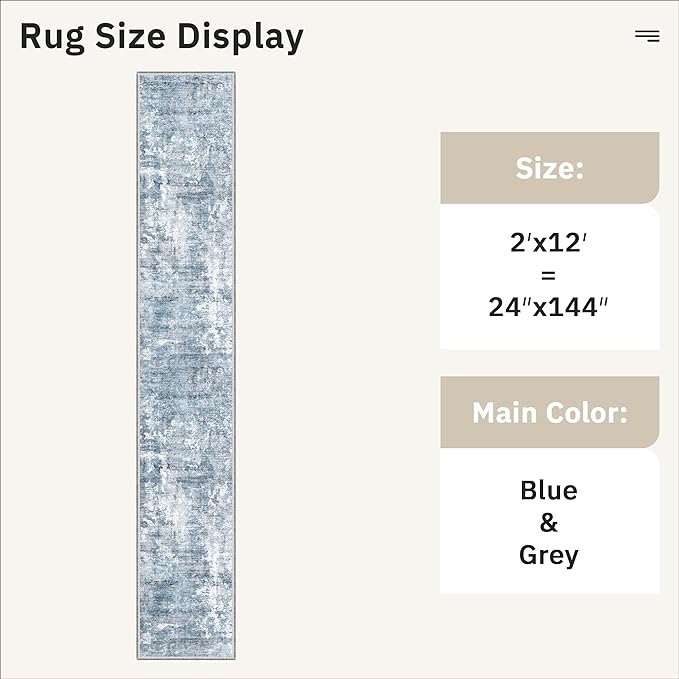 Runner Rug 2x12 Washable Non-Slip Hallway Runner Rugs for Kitchen Bathroom Laundry Room Blue/Grey Vintage Floor Carpet Runners for Hallways Entryway