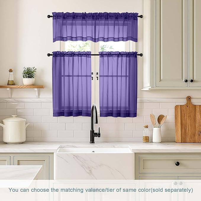 Purple Small Sheer Curtains Tier 24 Inches Length 2 Pieces, Light Filtering Cafe Curtains Sheers for Living Room Bathroom, Modern Window Treatments Dual Rod Pocket Panels, 2X42Wx24L Inches