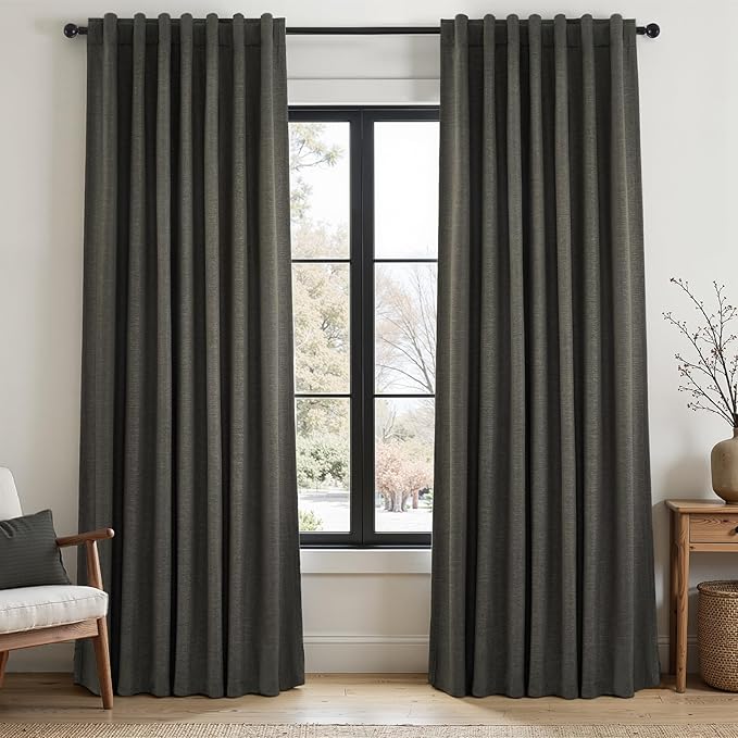 94 Inch Long Gray Blackout Curtains for Bedroom 2 Panels Set Modern Linen Blend Texture Back Tab Pleated Floor to Ceiling Thermal Drapes Hooks Rings Window Drapes Decor (W52 x L94 Charcoal Grey)