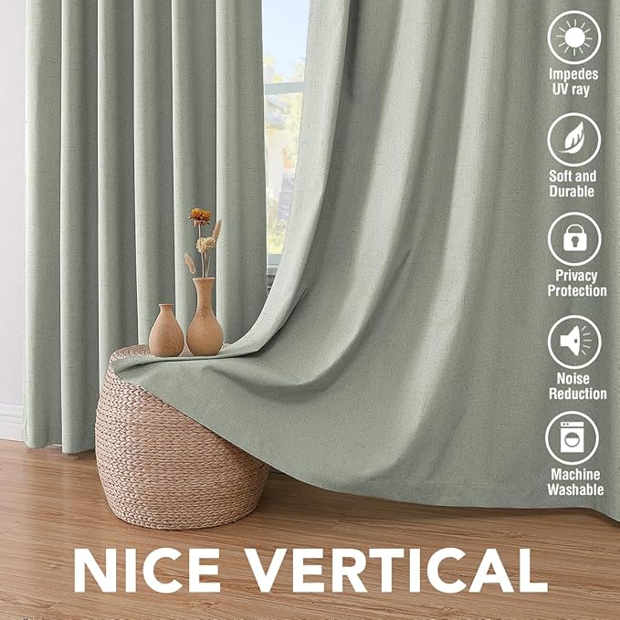 H.VERSAILTEX Primitive Linen Curtains 100% Blackout Curtain Drapes Burlap Fabric Curtains with White Thermal Insulated Liner, Grommet Top Drapes Living Room/Bedroom (2 Panels, 42 x 54 Inch, Sage)