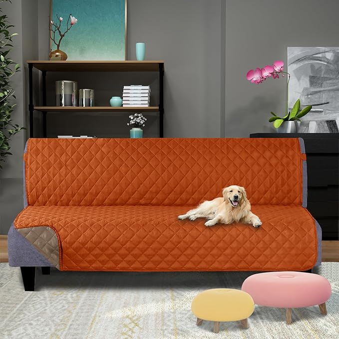 U-NICE HOME Reversible Futon Cover Sofa Slipcover Armless Furniture Protector Couch Cover Water Resistant, Orange/Taupe