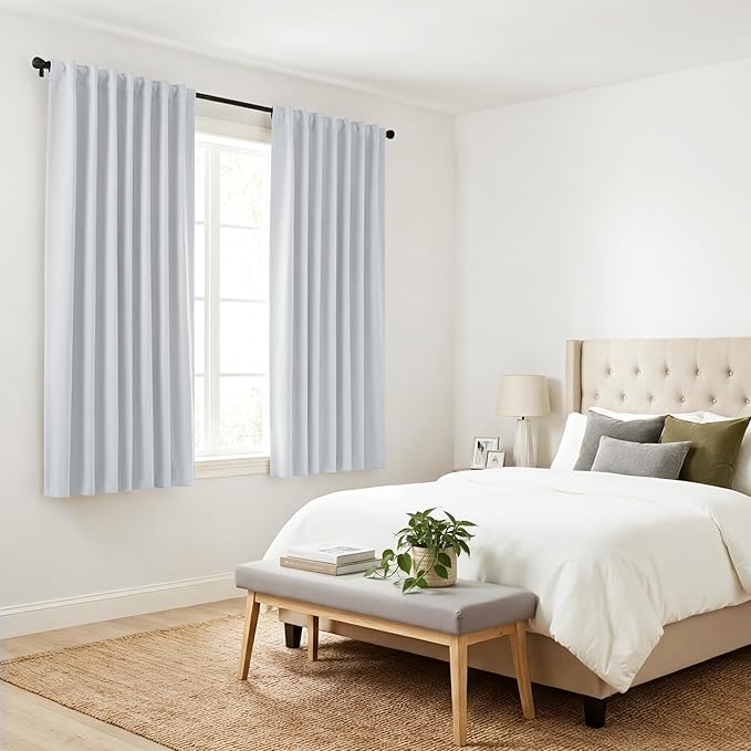 PONY DANCE Blackout Curtains Short - Kitchen Window Draperies Energy Efficient Thermal Insulated Back Tab/Rod Pocket Curtain Panels/Window Treatments for Bathroom, 42 W x 40 L, Greyish White, 2 Pieces