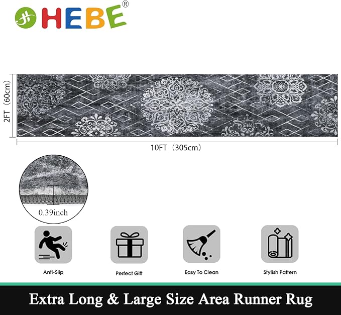 HEBE Hallway Runner Rug 2'x10' Washable Vintage Distressed Area Rugs Non Slip Laundry Rug Runner Boho Floor Carpet Runners for Hallways Entryway Laundry Room Kitchen Bathroom
