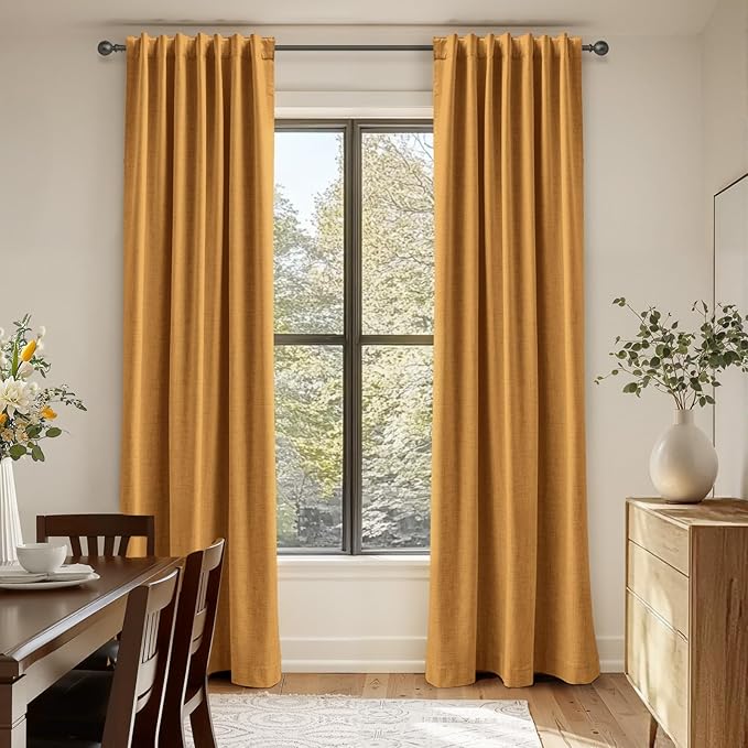 100% Blackout Shield Linen Blackout Curtains for Bedroom 102 Inches Long,Back Tab/Rod Pocket Living Room Drapes,Thermal Insulated Textured Blackout Curtains 2 Panels Set,50" W x 102" L,Mustard Yellow