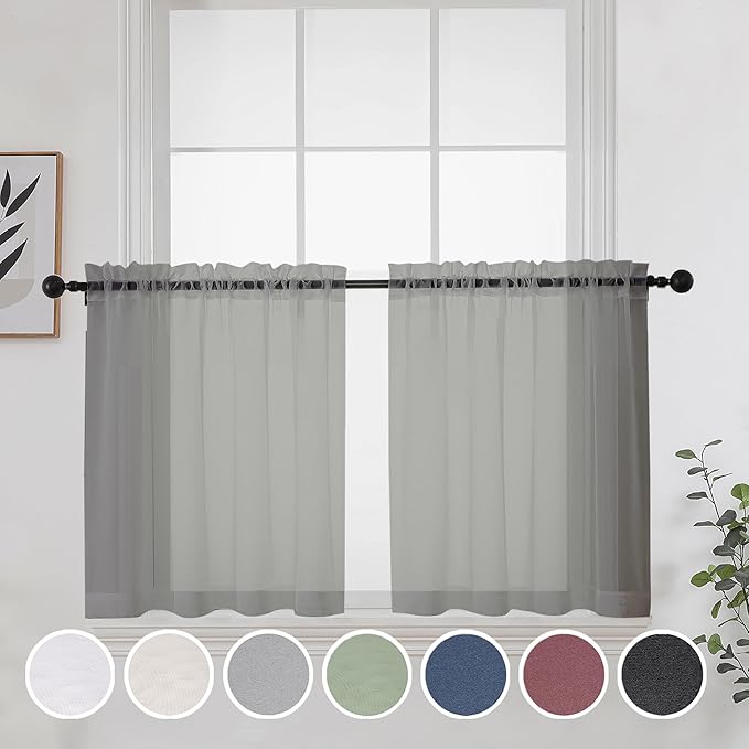 OWENIE Grey Sheer Curtains 24 Inches Long 2 Panels for Bathroom Window, Rod Pocket Light Filtering Sheer Tier Curtains for Small Kitchen Laundry Room, RV, Camper Travel Trailers, 42W x 24L, Gray