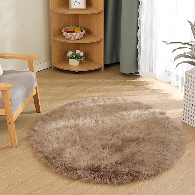 Latepis Round Fur Light Brown Beige Circle Rug 4ft Furry Washable Faux Sheepskin Rug Shag Plush Soft Rugs for Living Room Bedroom Dorm Floor Rugs Home Decor