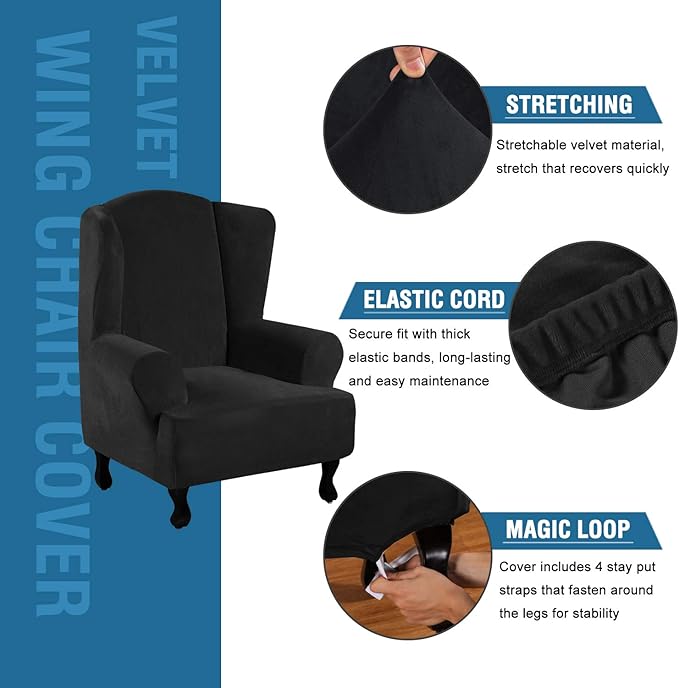 H.VERSAILTEX Wingback Chair Covers Velvet Plush Wing Chair Slipcover 1 Piece High Stretch Wing Back Chair Slipcovers Sofa Cover Furniture Cover with Elastic Bottom, Black