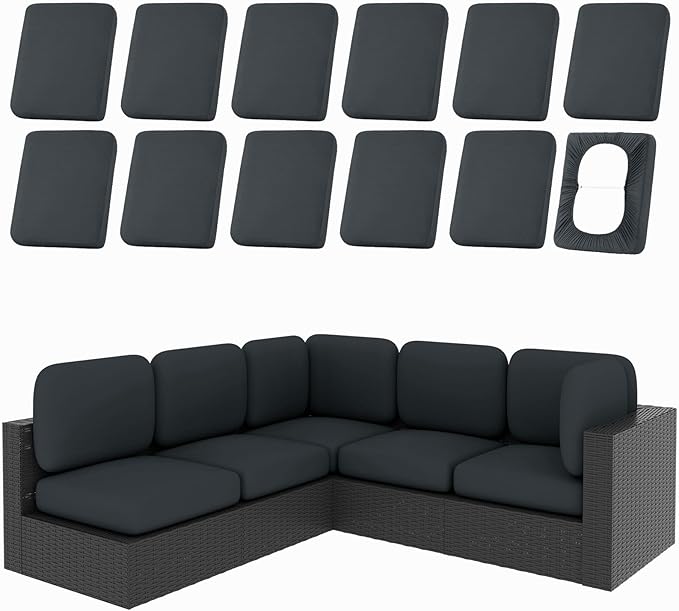 hyha 12Pcs Patio Cushion Covers, Stretch Outdoor Couch Cushion Covers, Washable Outdoor Chair/Sofa Slipcovers for Patio Furniture Cushions Protector with Elastic Bottom(Dark Gray,Cover Only)