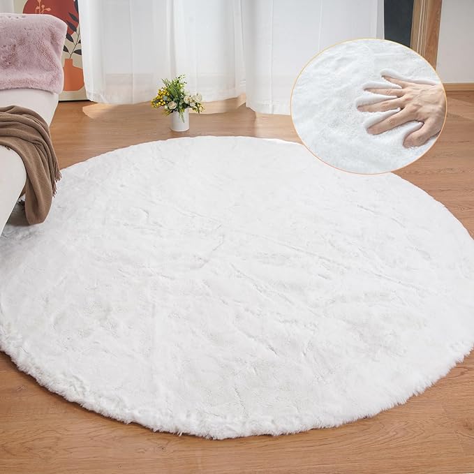ORINOVA White Shag Round Rugs 8ft for Dining Room Table Faux Bunny Machine Washable Fur Area Rugs for Bedroom Living Room Nursery Circle Rug