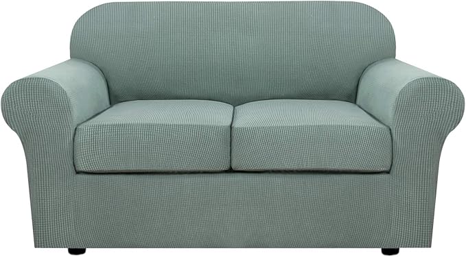 H.VERSAILTEX 3 Piece Stretch Sofa Covers for 2 Cushion Loveseat Couch Covers for Living Room Sofa Slipcovers (Base Cover Plus 2 Seat Cushion Covers) Thicker Jacquard Fabric(Medium Sofa, Sage)