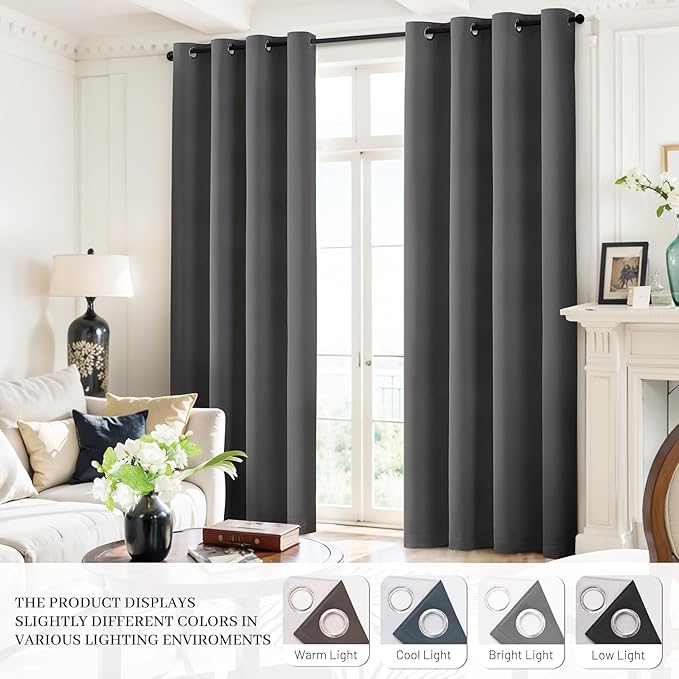 Yakamok Room Darkening 100% Blackout Curtains Grommet Window Treatments with 2 Thick Layers-Charcoal Grey Thermal Insulated Drapes Set of 2 Panels for Bedroom Living Room 38 Inches by 63 Inches Length