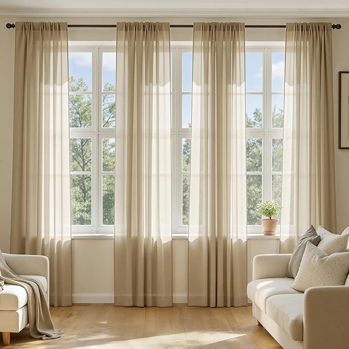 MIULEE Beige Sheer Curtains 90 Inches Long, 4 Panels Set, Rod Pocket Voile Drapes Light Filtering and Semi Transparent, Elegant Window Treatments for Bedroom Living Room,42 x 90 Inches