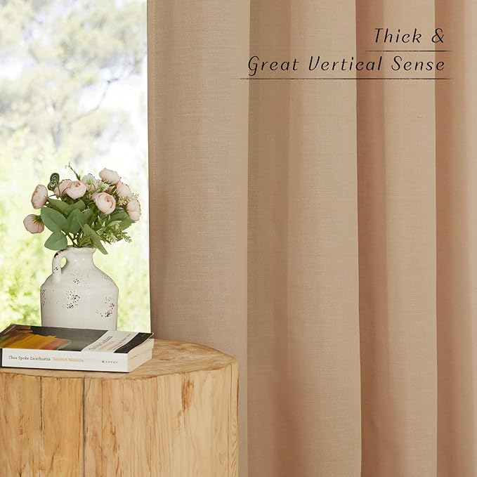 NICETOWN Camel Short Linen Curtains for Kitchen, Thick Flax Small Window Treatments Semi Sheer Privacy Assured with Light Through for Cafe/Bathroom, W42 x L48, 2 Panels