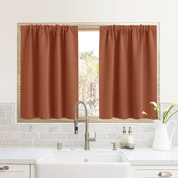 RYB HOME RV Curtains for Camper Windows, Mini Small Thermal Insulated Sunlight Heat Blocking Blackout Privacy Portable Curtains for Travel Trailer, Width 34 by Length 24, Burnt Orange, 2 Panels