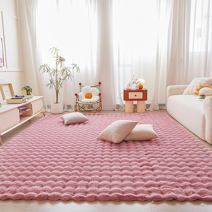 Pink Rabbit Plush Rug 8'x10', Fluffy Faux Fur Shaggy Area Rug for Nursery, Kids Room Decor, Soft Fuzzy Carpet for Living Room, Bedroom, Teen Girls Room