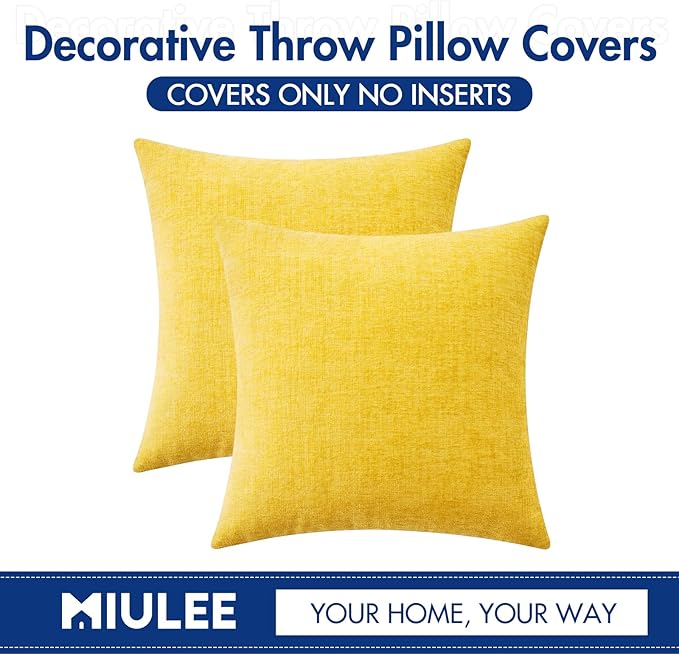 MIULEE Pack of 2 Couch Throw Pillow Covers 20x20 Inch Soft Yellow Chenille Pillow Covers for Sofa Living Room Spring Home Decor Couch Solid Dyed Cases